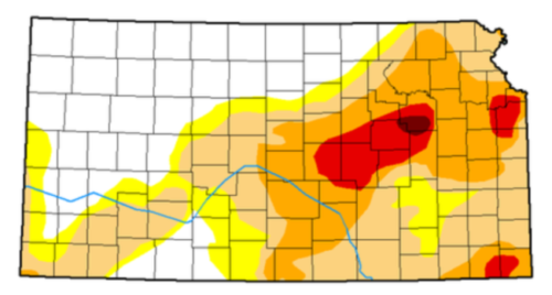 Map of Kansas showing the drought levels of each county, from no drought to exceptional drought
